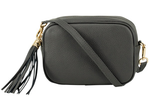 Dark Grey Leather Tassel Crossbody Bag